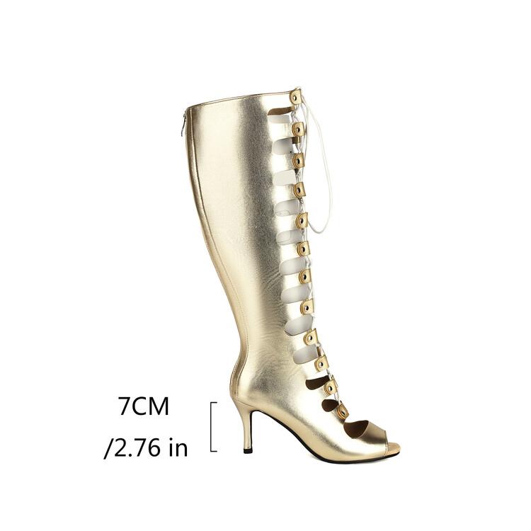 Fashion Cross Strap Rivet Belt Buckle Women's Cool Boots Summer Sexy Silvery Gold High Heel Sandals Dress Party Motorcycle Boots Size 48