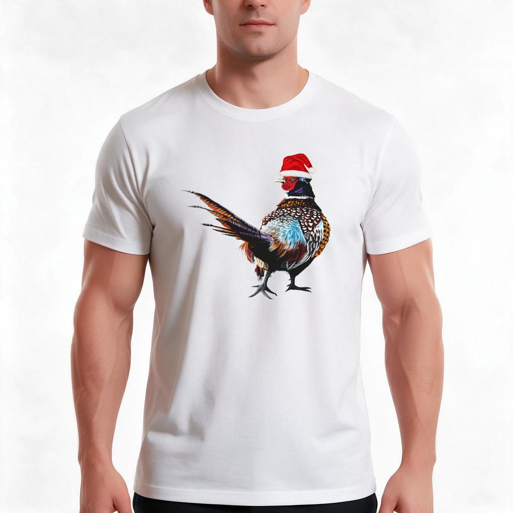 Christmas Pheasant with Christmas hat  Festive pheasants  game birdChristmas Pheasant art TShirt Summer Casual Cotton Tee