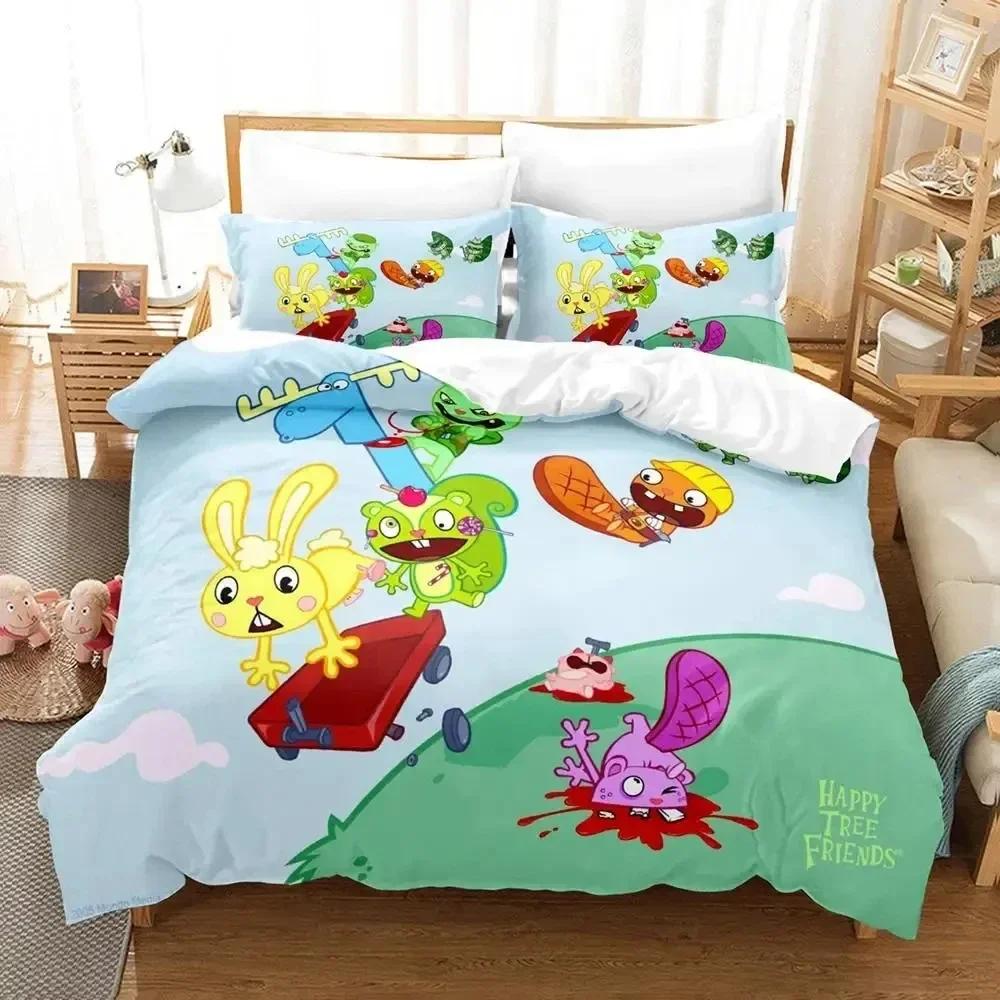 Juego de Ropa de Cama de Dibujos Animados Happy Tree Friends Funda Nórdica Juego de Cama Funda de Colcha Funda de Almohada Edredón tamaño King Queen Niños Ropa de Cama para Adultos