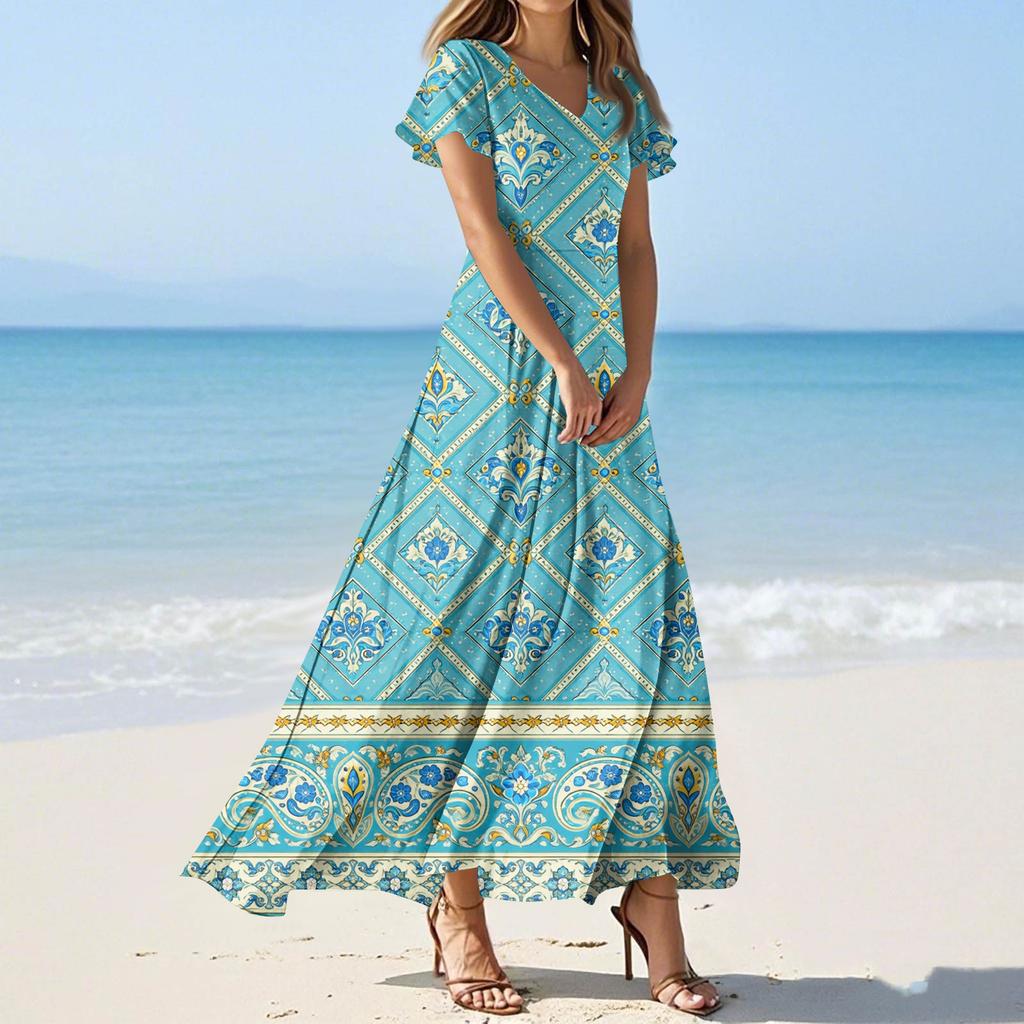 Vestidos casuales de verano para mujer, con estampados de colores y cuello en V y manga corta