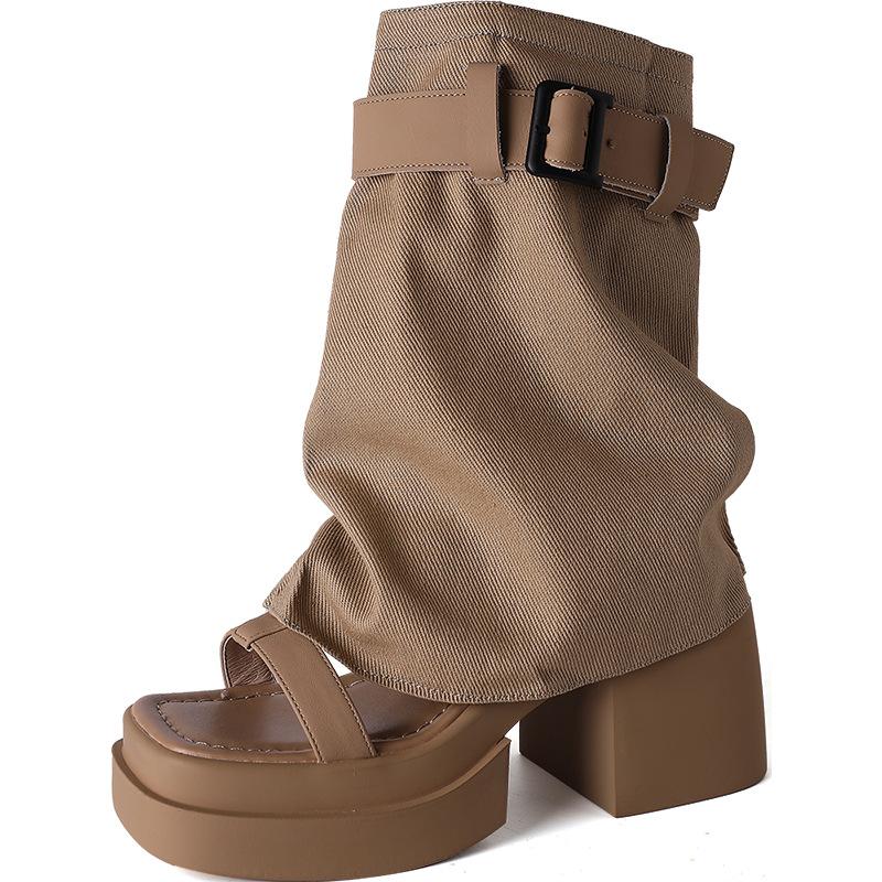 Fashion versatile two wear open-toed high-heeled cool boots, wear 2025 spring new sandals thick-heeled thick-soled trousers, boots tide