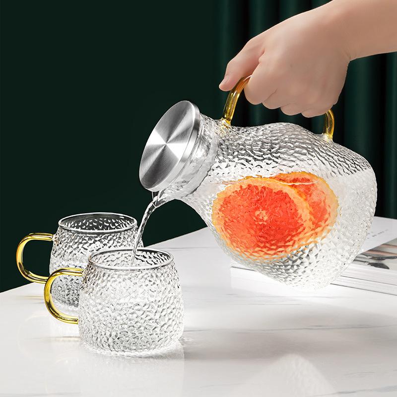 Glass Pot with Handle Hammer Pattern Household Large Capacity High Borosilicate Glass Cold Water Kettle Stainless Steel Lid Cold Water Kettle