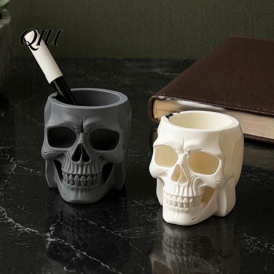 Small Sundries Storage Container Skull Shape Pen Holder, Large Capacity Desktop Organizer, Matte Personalized Dark Office Decor Finish PLA Cup