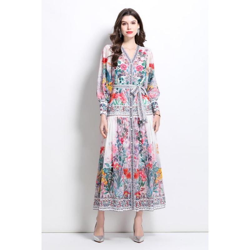 

Весна-лето Женские V-образные вырезы Винтажный принт Шифон Однобортные Длинные Макси Праздничные Пляжные Платья L белый