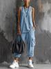 Women Solid Color Sleeveless Tank Top And Cargo Pants Two Piece Set Streetwear Casual Loose Fit Summer Outfit