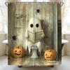 Lustiger Geister Duschvorhang Rustikale Kürbis Halloween Niedlicher Humor Geist Sitzt Auf Toilette Liest Zeitung Vintage Land