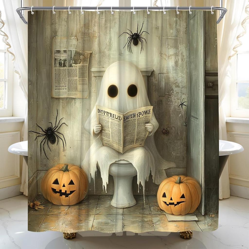 Lustiger Geister Duschvorhang Rustikale Kürbis Halloween Niedlicher Humor Geist Sitzt Auf Toilette Liest Zeitung Vintage Land