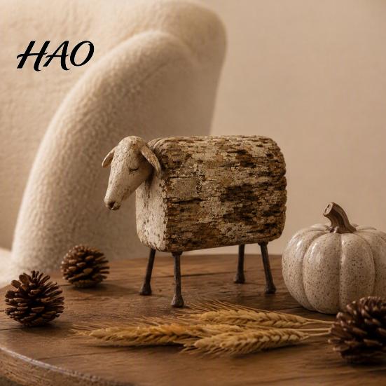 Distressed Wood Animal Sculpture Vintage Longhorn Bull/Sheep Sculpture, Rustic Farmhouse Figurine, Western Style Unique for Mantelpiece Decorative
