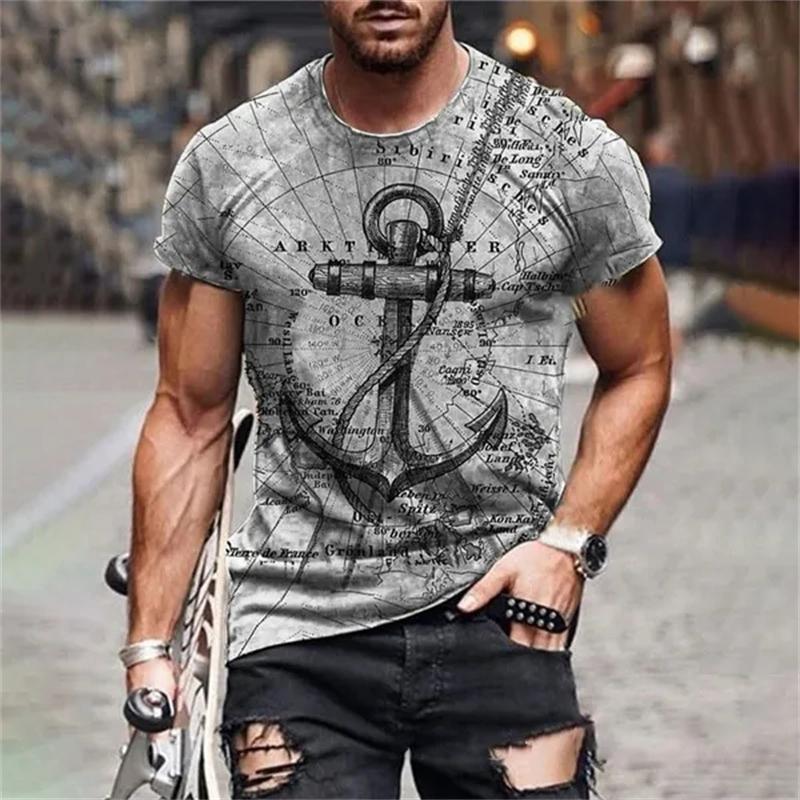 Maritimt anker 3D-trykk T-skjorte Oversize Menn Kvinner Vintage Kortermet Casual T-skjorter Sommer Allsidig O-hals Streetwear Unisex