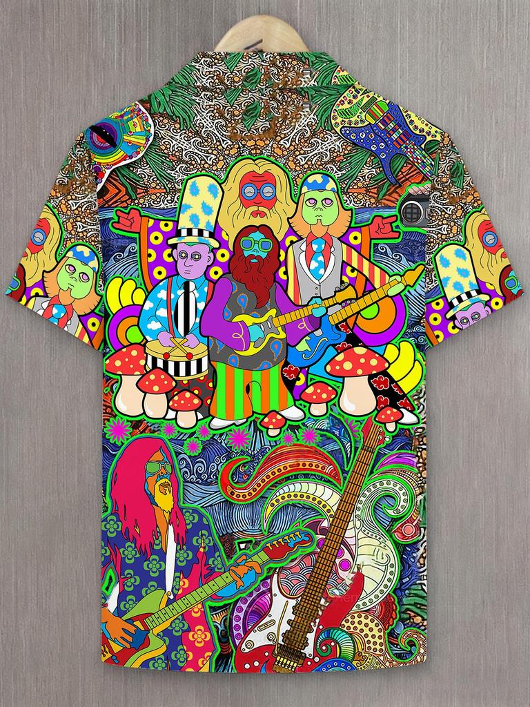 Herren Sommer Casual Hemd mit Psychedelic Rock Print Hawaiianischer Stil Kurzarmhemd Geeignet für Urlaub, Strand, Party, Übergröße