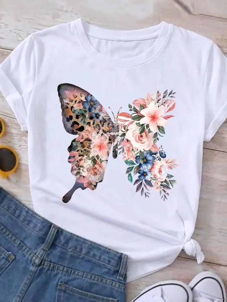 Graphic T Shirt Sunflower Butterfly Cute Summer Casual Clothing Short Sleeve Women Print Fashion Clothes Tee T-shirt FeUnisex Top