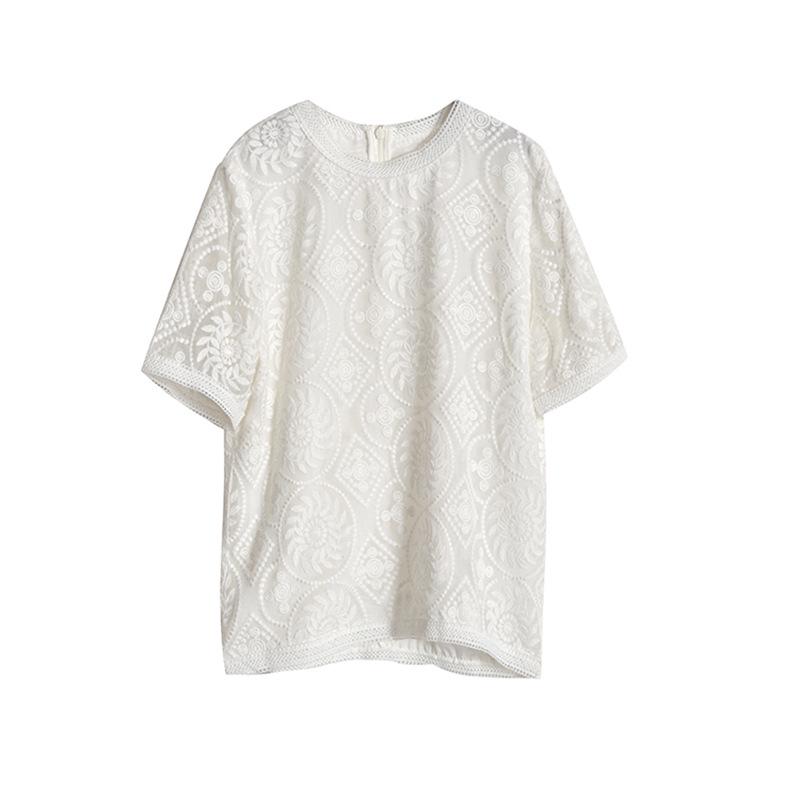 10mm Imitation Silk Floral Embroidered Lace Short-Sleeve Top for Women
