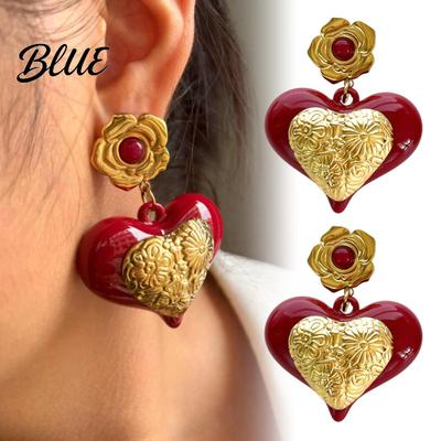 Elegant Earrings Red Heart Dangle Love Drop Sensitive Ears