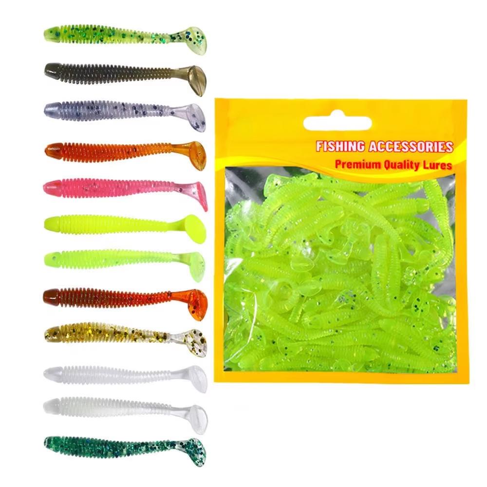 1 PACCO 5,5 cm 0,6 g 50 pezzi/sacchetto Esca artificiale morbida in plastica tipo verme con coda a palette
