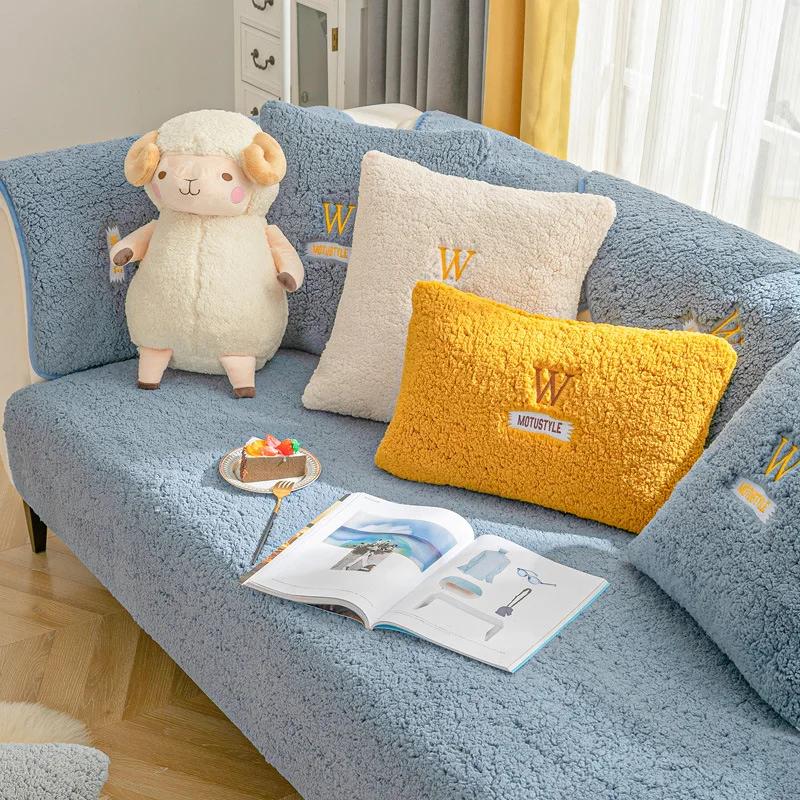 Lamb Plush Sofa Cushion Winter Warm Thickening Non-Slip Living Room Sofa Cover Cloth Universal Leather Sofa Recliner Cover