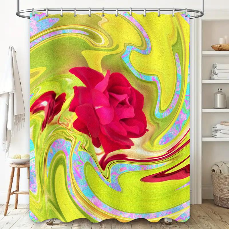 Stylish Modern Bathroom Shower Curtain with Abstract Floral Design for Home Decor Green, Red Yellow Colors 72 x 78 Inches Long S