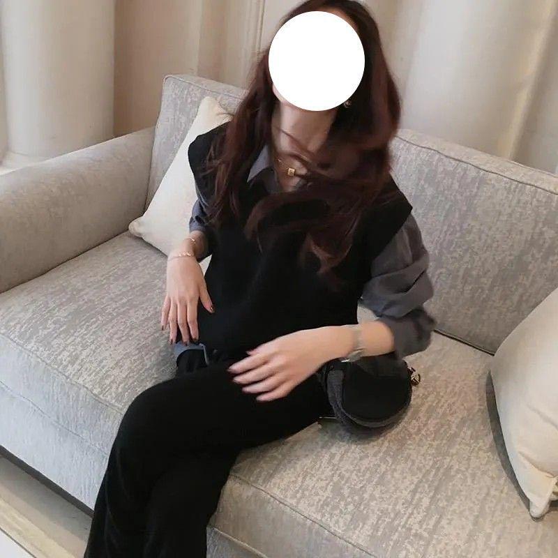 Korean Style V-Neck Vest & Long-Sleeve Blouse Set for Women - Casual Spring/Autumn Wear