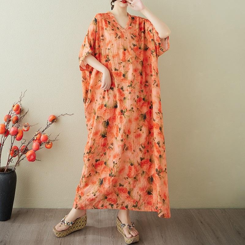 Short Sleeve Plus Size Cotton Vintage Floral New In Dresses for Women Casual Loose Maxi Long Summer Dress
