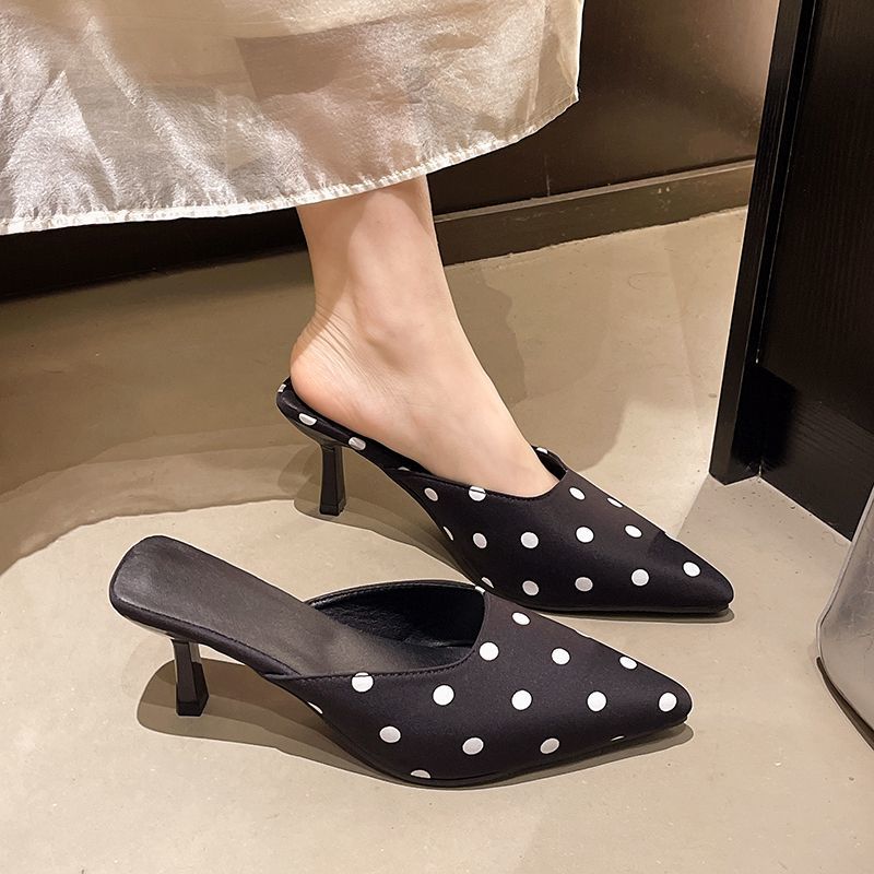 New Vintage Polka Dot Pointed Toe Mules Ladies Kitten Heel Satin Comfy Casual Daily Shoes For Women Summer Fashion Heeled Sandal