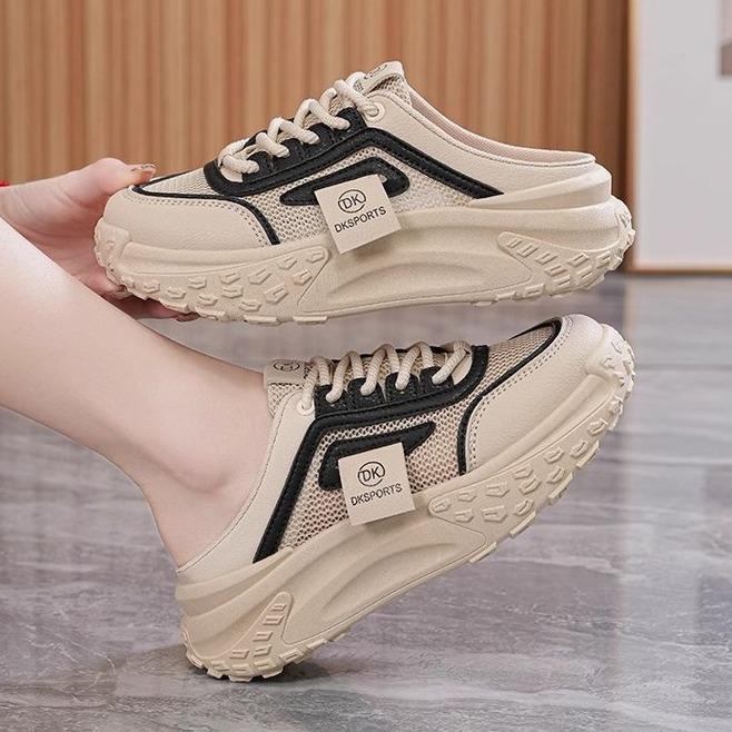 Color Blocked Thick Sole Toe Half Slippers for Women In Spring and Summer , Mesh Casual Shoes, Breathable Sports Style, Outdoor Slippers