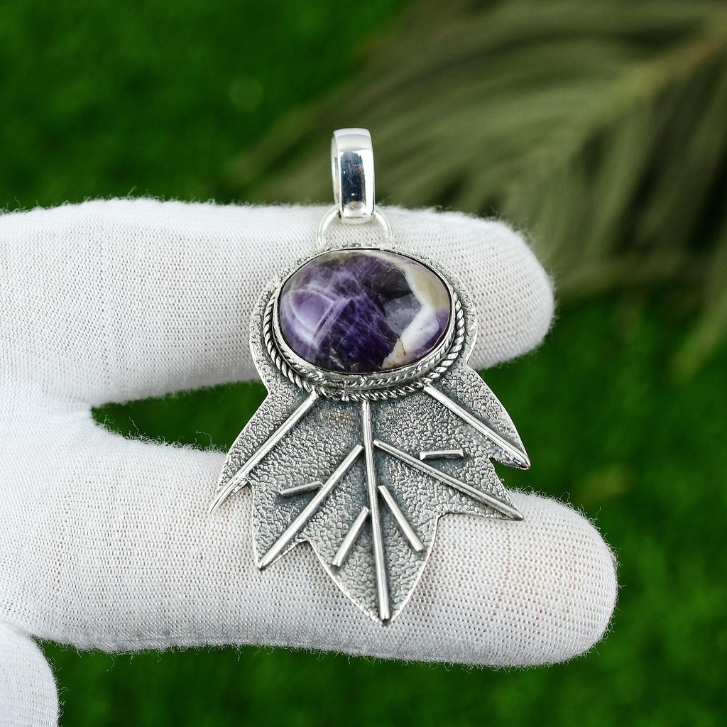 Wedding Gift For Her 925 Silver Natural Chevron Amethyst Gemstone Pendant