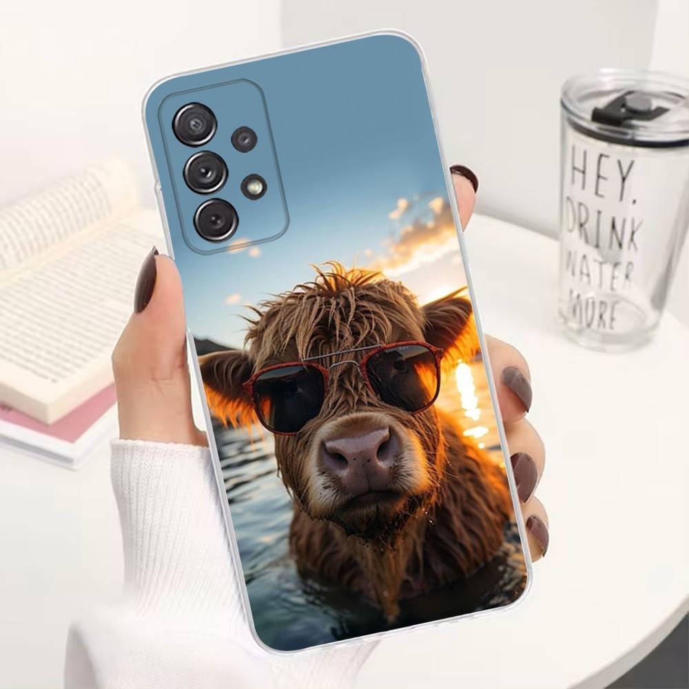 Cute Highland Cow Phone Case For Samsung A51,71,30,S21,10,20,Ultra,FE,Lite, S22,23,9,PIus,Transparent, Silicone