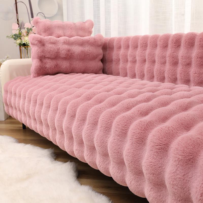 Luxury Winter Rabbit Plush Non-slip Leather Sofa Cushion & Cover