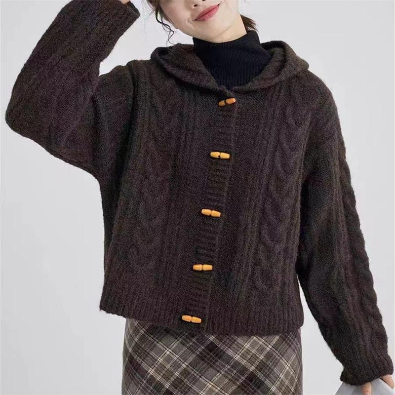 

Twist Casual Top Hooded Jacket Sweater Womens Autumn Winter Knitwear Cable Long Sleeve Cardigan Loose One size кофейный