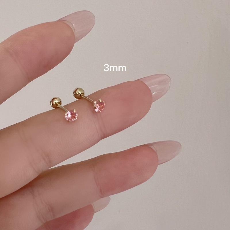 1Pair Pink Zircon  Stud Earrings Mini All-Match Ear Bone Nail With Turnbuckle For Women Girls Party Fine Jewelry Gift