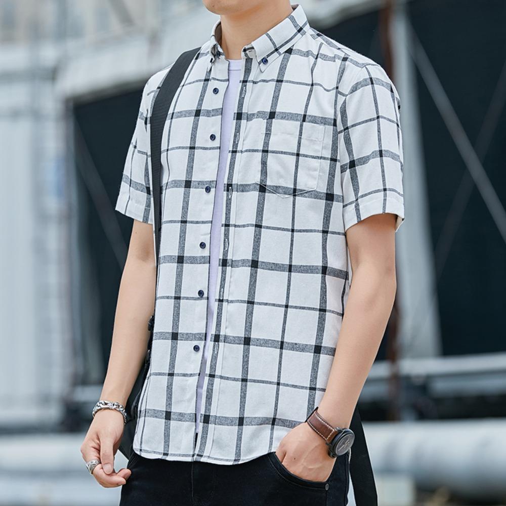 

Летняя мужская рубашка в клетку с коротким рукавом, повседневная деловая блузка, не требующая глажки, легкая, дышащая, не мнется XXXL белый