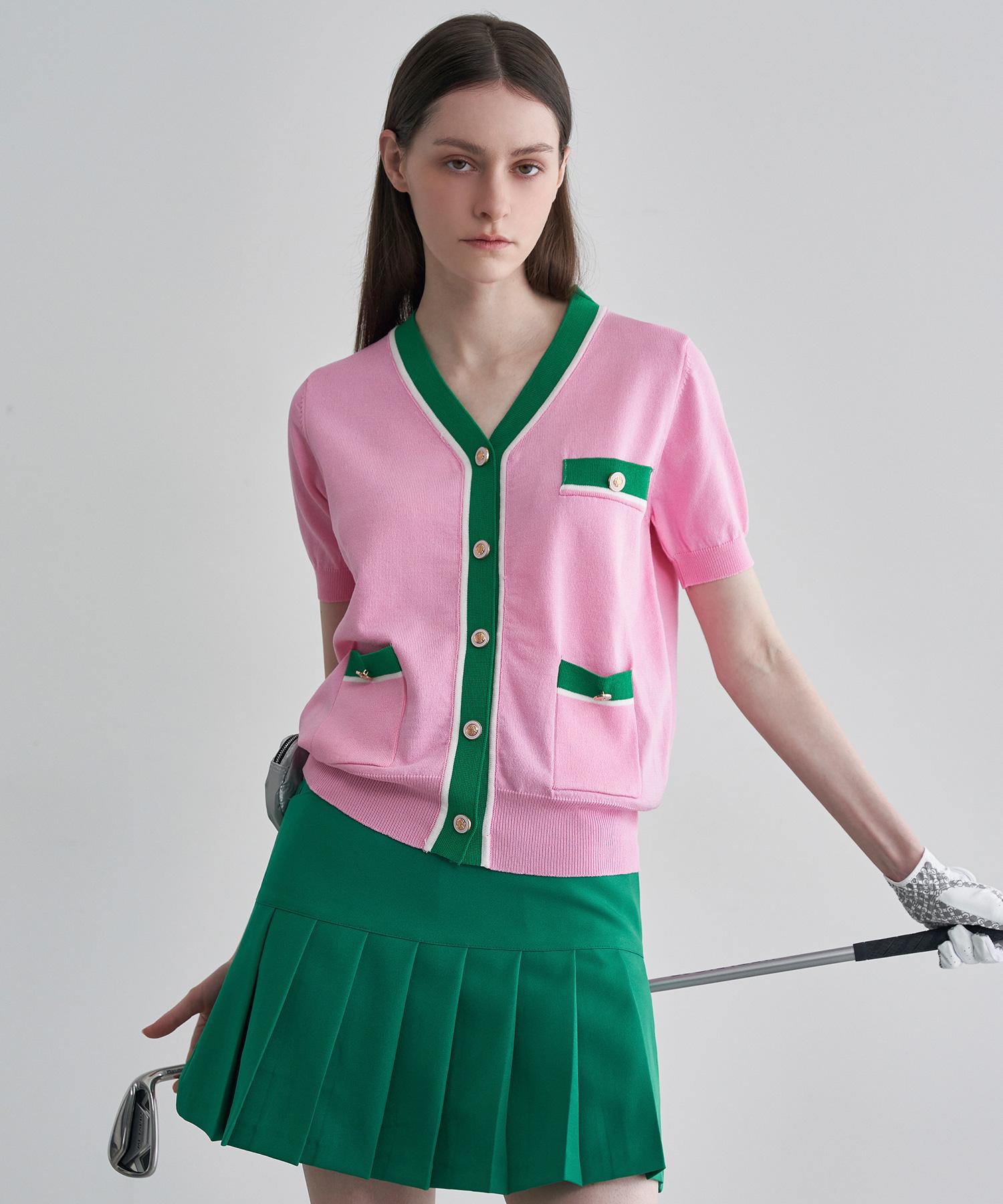 Leni And Mccoy Golf Shine Gold Button V-Neck Short Sleeve Cardigan Fn06Cd170 Bk/Free