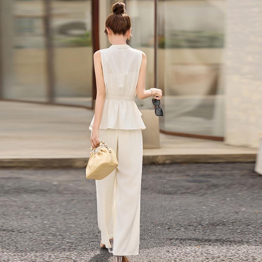 Royal sister Fan sleeveless vest fashion suit women's summer new age-reducing linen wide-leg pants two-piece set