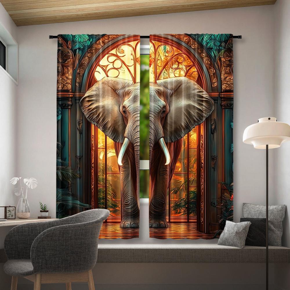 2pcs, 3d Elephant Curtain for Home Decor, Bohemian Rod Pocket Window, for Bedroom, Office, Kitchen, Living Room, And Study