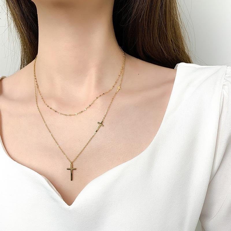 Stainless Steel Necklaces Cross Pendant Choker Multilayer Chain Double Stacked Wear Light Luxury Fine Necklace For Women Jewelry