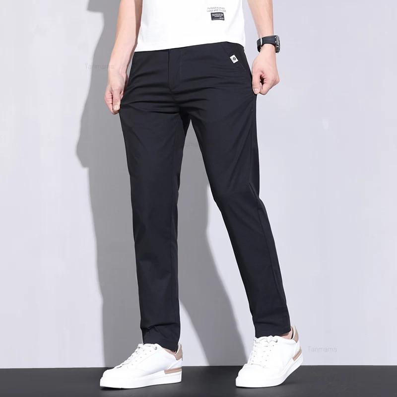 Ultra-thin Elastic Men's Casual Pants Summer Ice Silk Cotton Fashion Slim Straight Business Trousers Black Gray Khaki