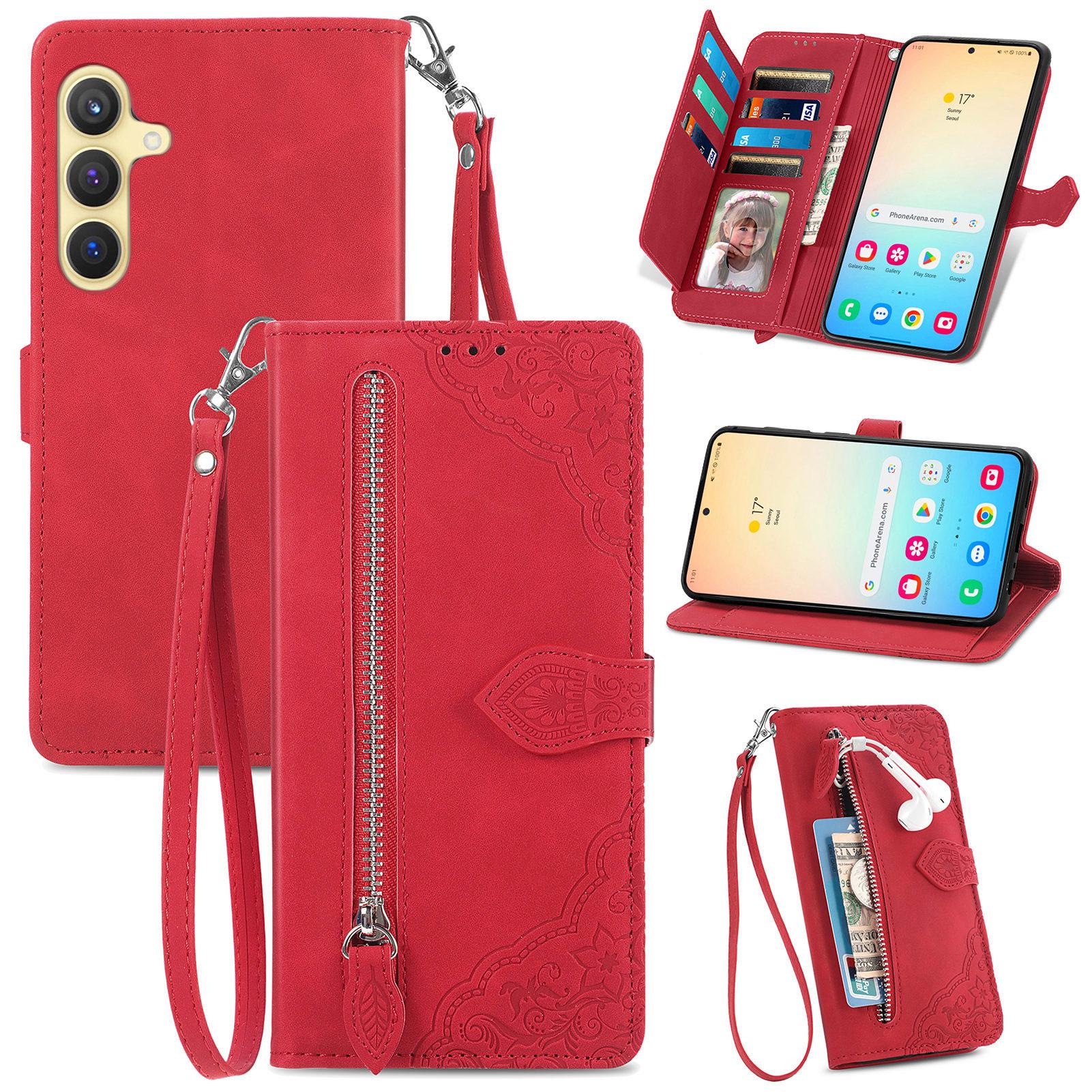 

For Samsung Galaxy S25+ Zipper Wallet Case with Strap Flower Imprint PU Leather Phone Cover Red