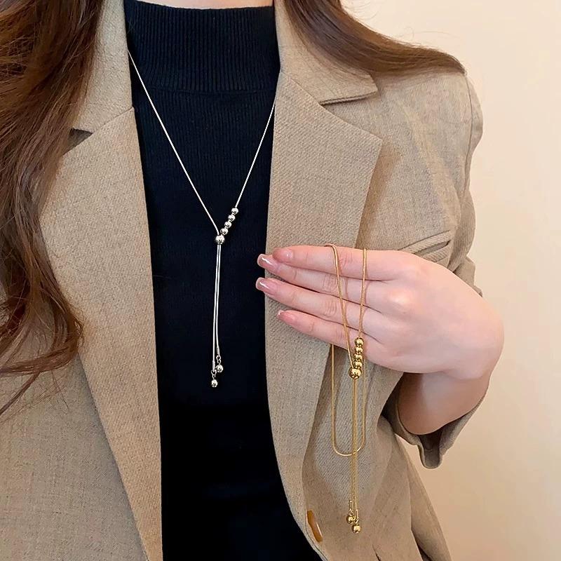 Metal Ball Beaded Pendant Necklaces for Women Ladies Temperament Fine Chains Adjustable Pull-Out Necklaces Jewelry Accessories