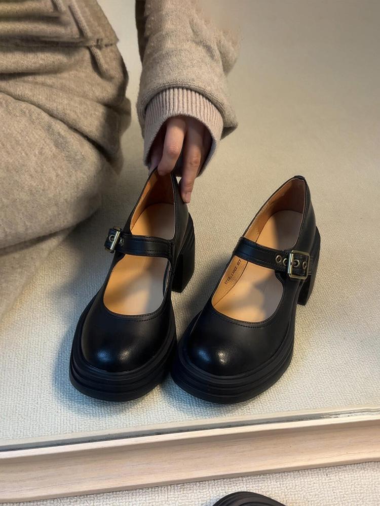 

Версия из овчины~ тупоносые туфли Мэри Джейн на высоком каблуке, женские кожаные туфли с ремешком, туфли-лодочки, туфли на толстом каблуке, ретро маленькие кожаные туфли 40