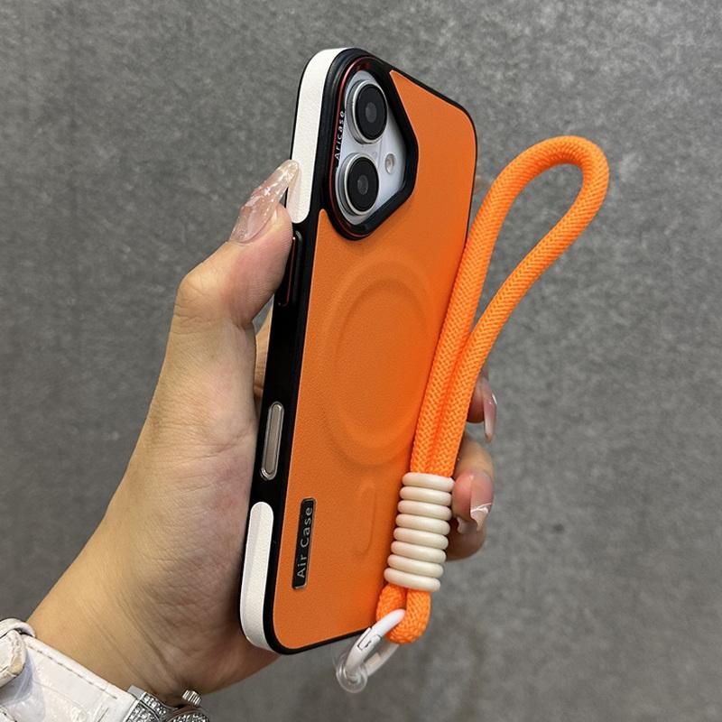 

Для Magsafe Magnetic Solid Color Case для iPhone 16 15 Pro 14 13 12 Pro Max Ударопрочный PU Hybird Tpu с ремешком на руку Металлическая крышка рамки объектива iPhone 16 Pro Max оранжевый