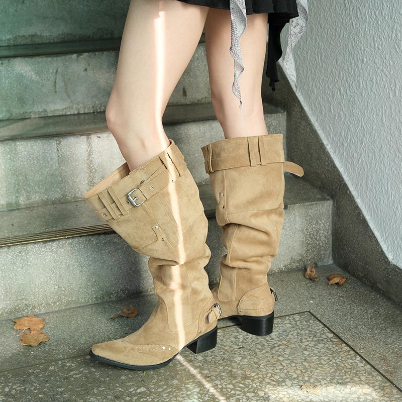 But knee boots women's autumn and winter khaki suede pointed boots children thick heel thin pleated piled boots