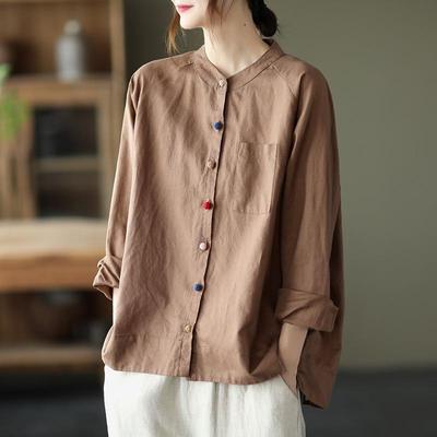 Camicia da donna in cotone e lino vintage primaverile, con risvolto largo, a maniche lunghe, stile letterario, tutto in alto