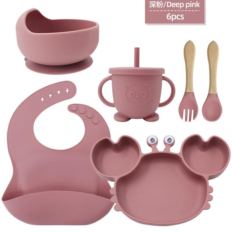Silicone Dinner Plate Set Baby Children Learning To And Drink Feeding Tableware Baby 6pcs  Crab Compartment Food Bowl