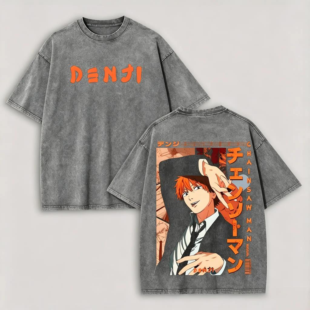 Hayakawa Aki Chainsaw Man T-shirt For Men's Clothing Anime Printed Washed Oversized T Shirt Summer Tops