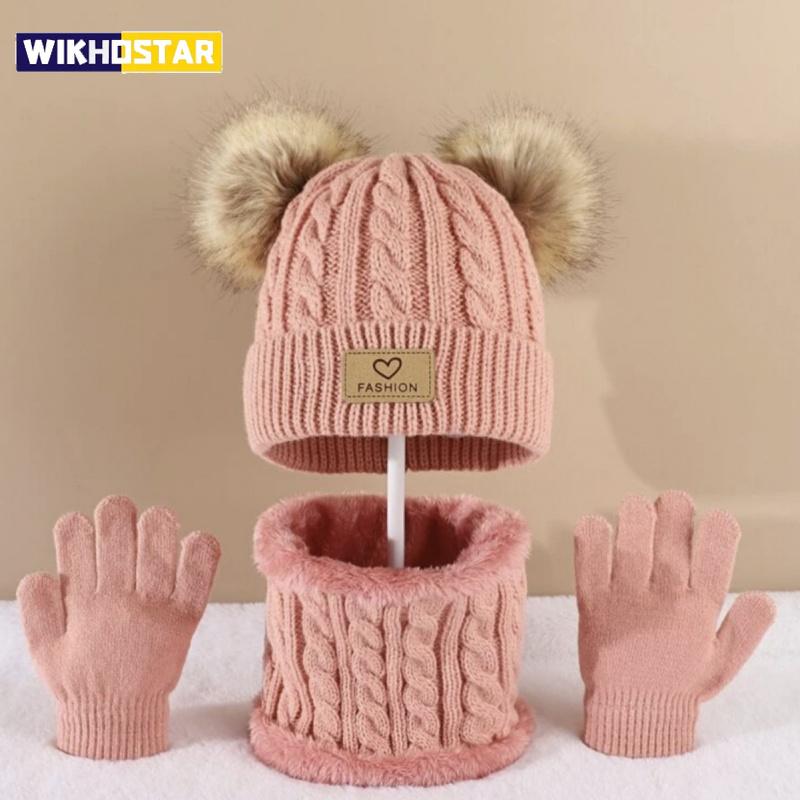 European And American Style Children'S Hat Scarf Gloves Three-Piece Set Autumn Winter Single Ball Baby Infant Casual Versatile