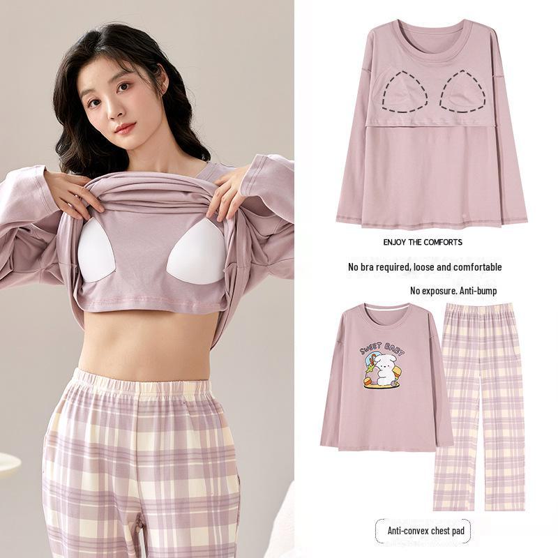 Women's Cartoon Long-Sleeve Pajamas with Chest Pads - Lightweight Home Loungewear for Autumn and Spring