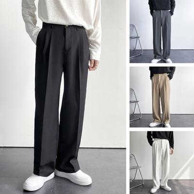 Button Zipper Fly Pockets Loose Korean Style Suit Pants Spring Autumn Mid-Waist Straight Wide Leg Casual Trousers