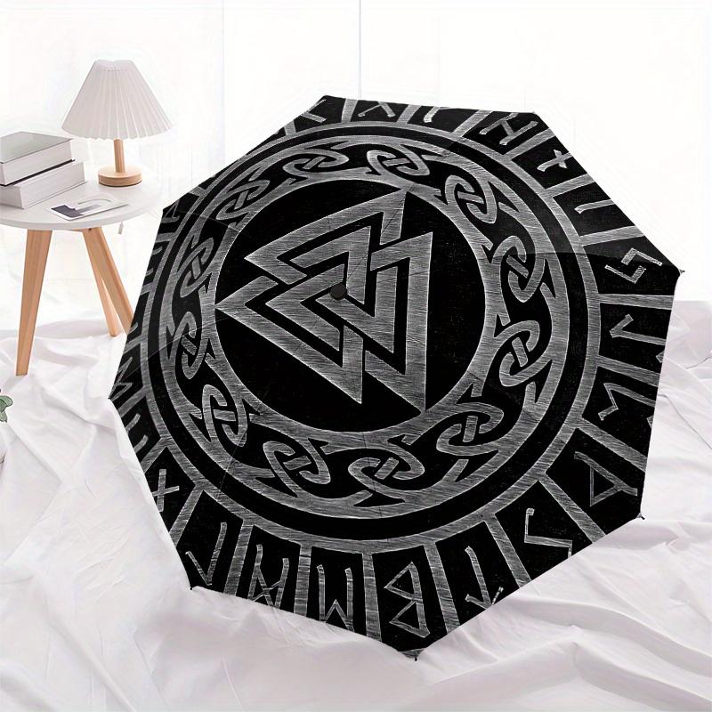 Valknut, Norse Automatic folding umbrella  simple eight rib design, bright color pattern, durable iron frame, ideal for travel and outdoor,
