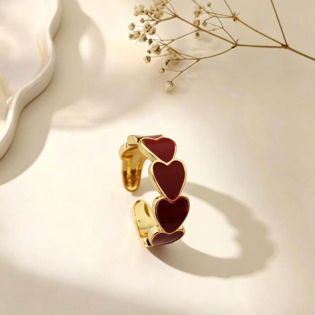 Multicolor Gold-Plated Open Adjustable Heart Ring - Luxury Finger Jewelry