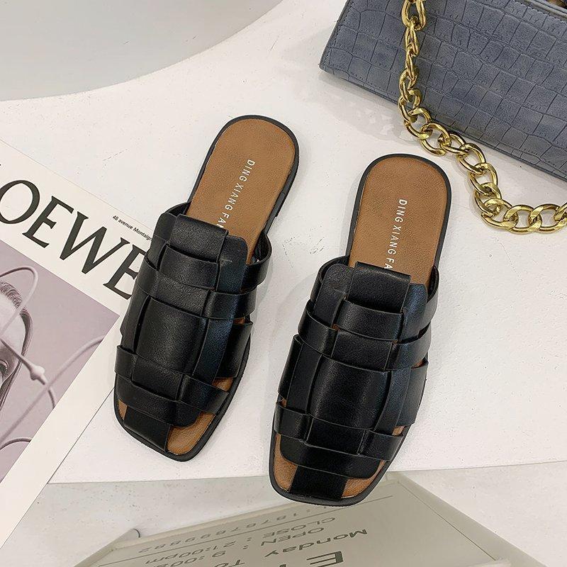 

Baotou slippers women s outer wear summer new retro beach flat bottom woven sandals versatile lazy muller shoes 40 чёрный