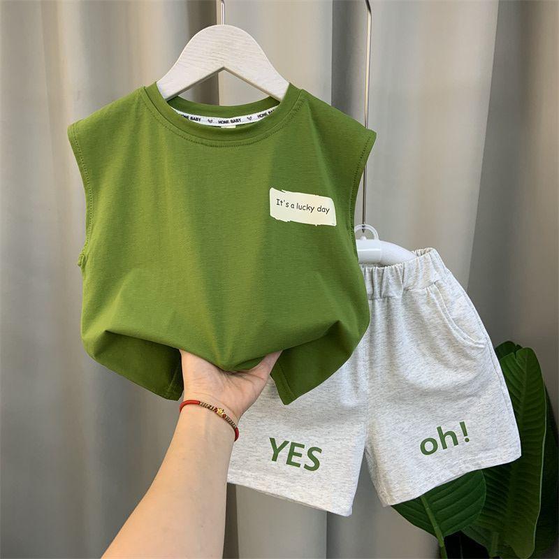 

Boy’s Loose Vest Sets Baby Casual Fashion Suit Summer Children s Thin Sleeveless Round Neck Top Shorts 2Pcs 130 зелений
